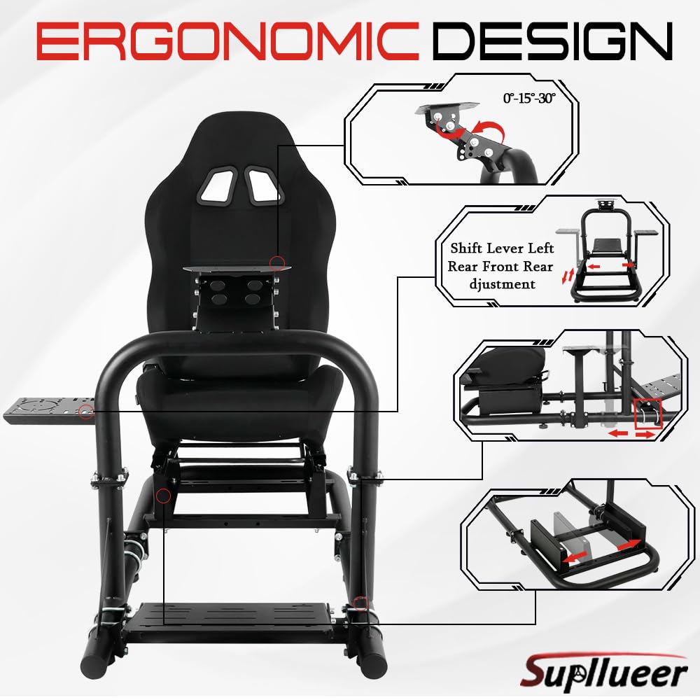 Supllueer Racing Simulator Cockpit Stand with Black Seat fit Logitech G29 G923