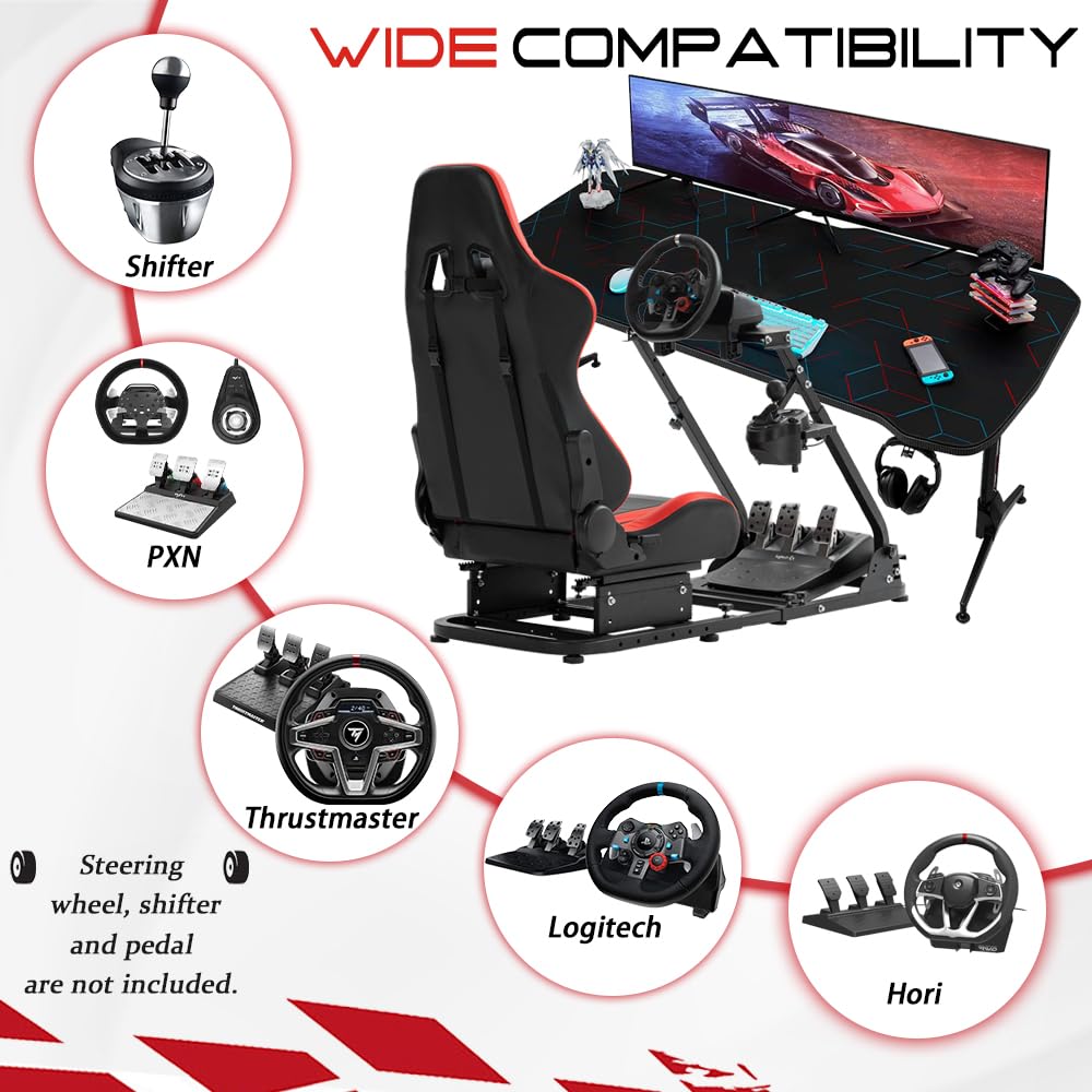 Supllueer Racing Simulator Cockpit Stand with Red Racing Seat Switching Gear Lever Removable fit for Logitech,Thrustmaster, G27 G29 G920 G923 T300RS, Racing Wheel Frame, No Wheel Pedal Shifter