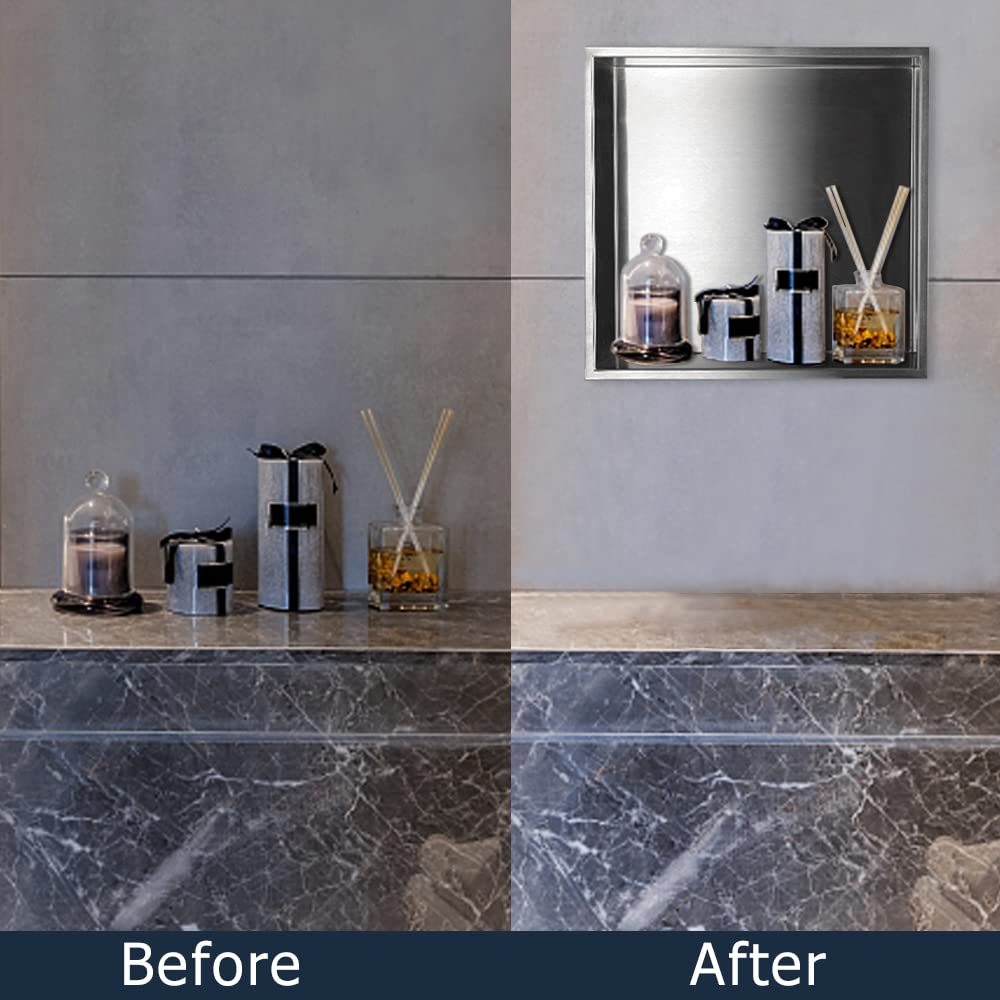 Supllueer Shower Niche Stainless Steel 12" x 12", Brushed Nickel Wall-Inserted Niche Recessed, Recessed Shower Shelf Modern and Elegant Soap Niche for Bathroom