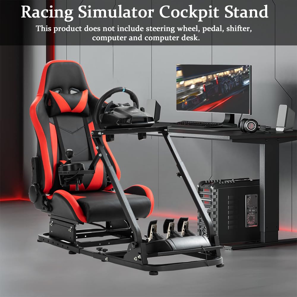 Supllueer Racing Simulator Cockpit Stand with Red Racing Seat Switching Gear Lever Removable fit for Logitech,Thrustmaster, G27 G29 G920 G923 T300RS, Racing Wheel Frame, No Wheel Pedal Shifter