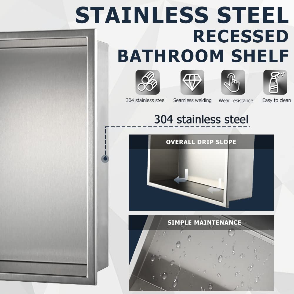 Supllueer Shower Niche Stainless Steel 12" x 12", Brushed Nickel Wall-Inserted Niche Recessed, Recessed Shower Shelf Modern and Elegant Soap Niche for Bathroom