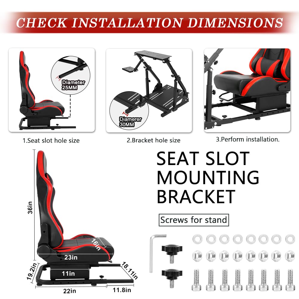 Supllueer Racing Rear Seat Stand Add-On Stand with Red Racing Seat for Steering Wheel Stand to Expand into Racing Simulator Cockpit Fit for Logitech, Thrustmaster, Fanatec, G29 G920 G923
