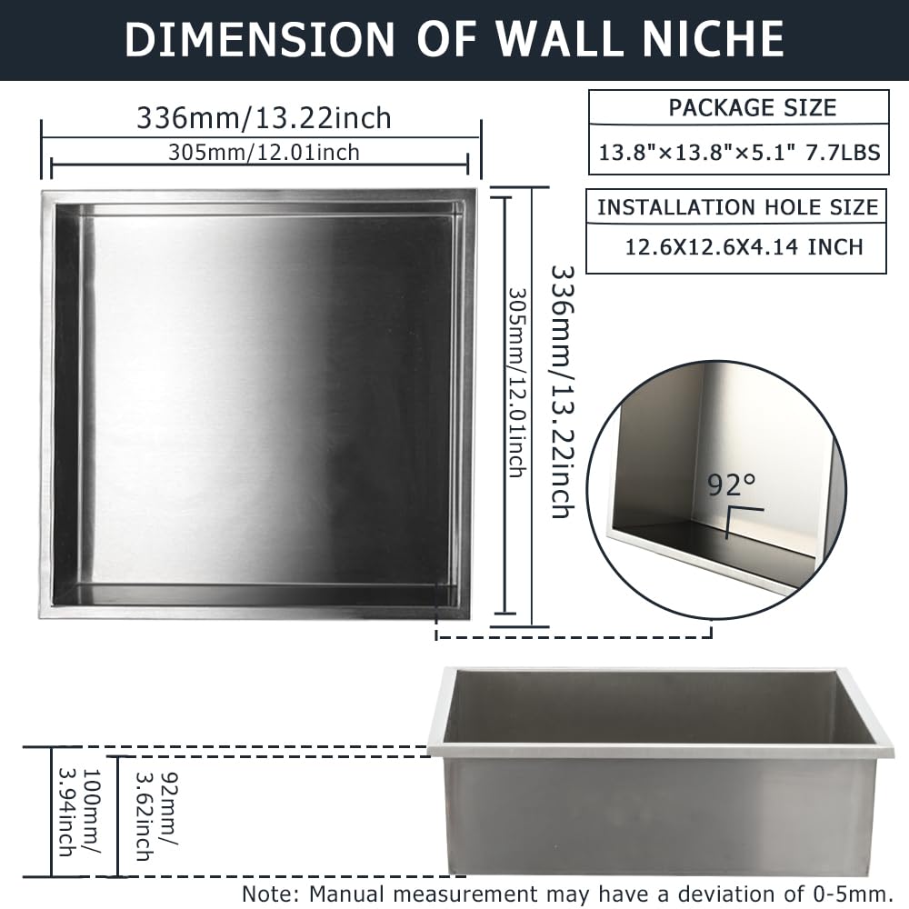 Supllueer Shower Niche Stainless Steel 12" x 12", Brushed Nickel Wall-Inserted Niche Recessed, Recessed Shower Shelf Modern and Elegant Soap Niche for Bathroom
