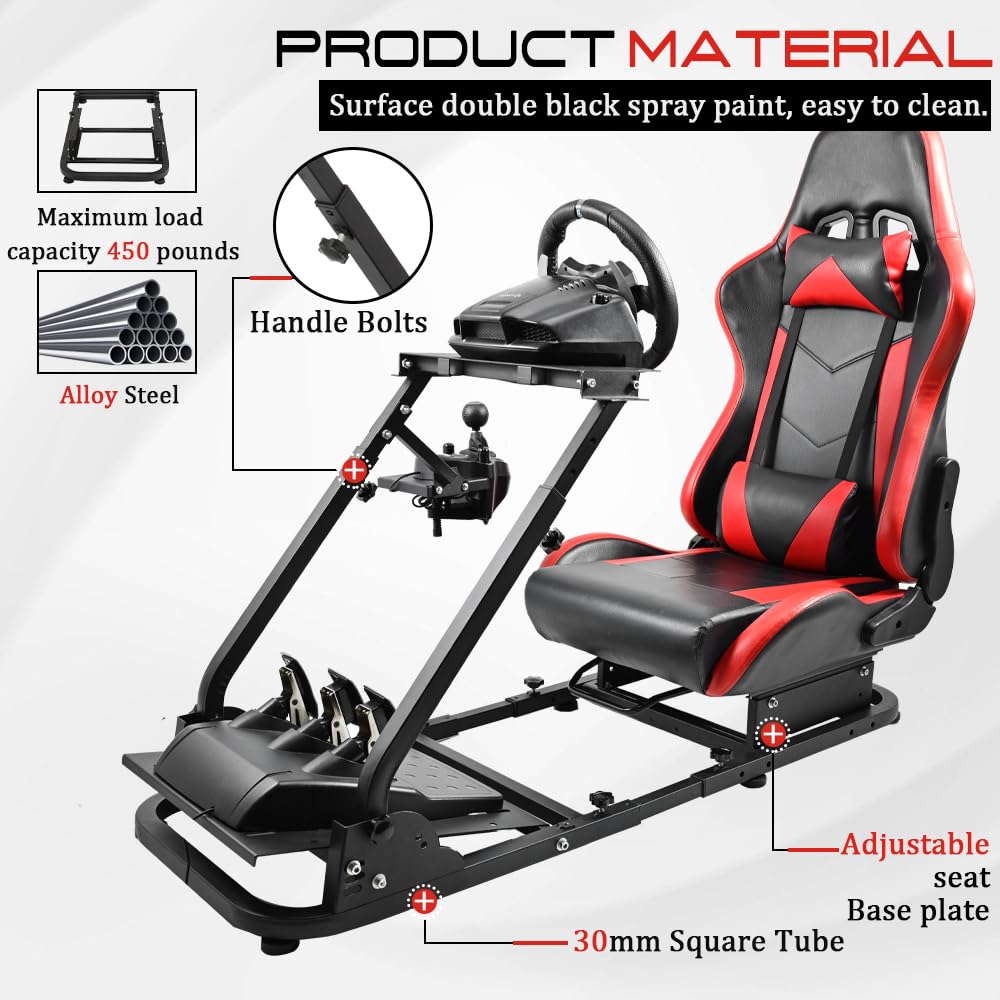 Supllueer Racing Simulator Cockpit Stand with Red Racing Seat Switching Gear Lever Removable fit for Logitech,Thrustmaster, G27 G29 G920 G923 T300RS, Racing Wheel Frame, No Wheel Pedal Shifter