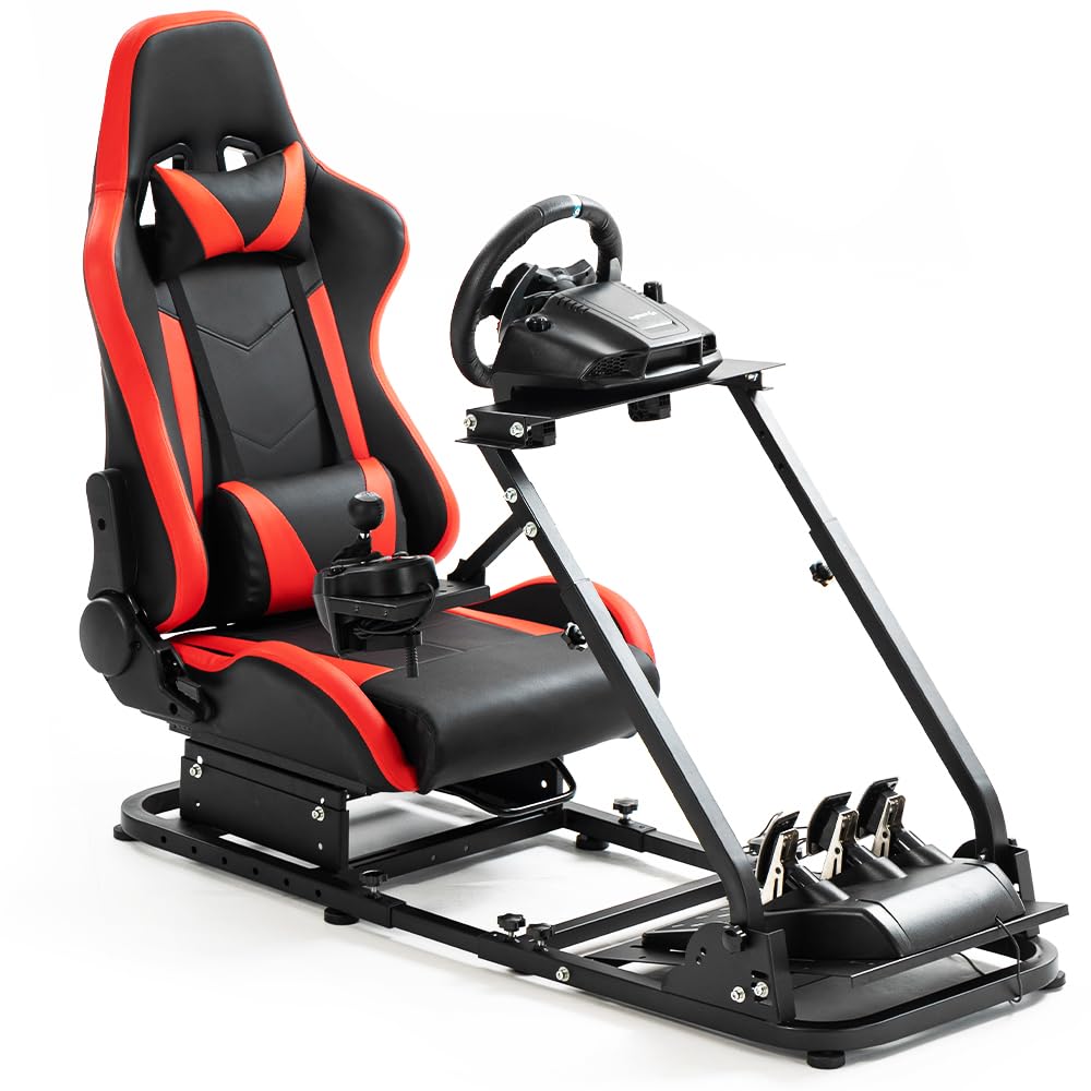 Supllueer Racing Simulator Cockpit Stand with Red Racing Seat Switching Gear Lever Removable fit for Logitech,Thrustmaster, G27 G29 G920 G923 T300RS, Racing Wheel Frame, No Wheel Pedal Shifter