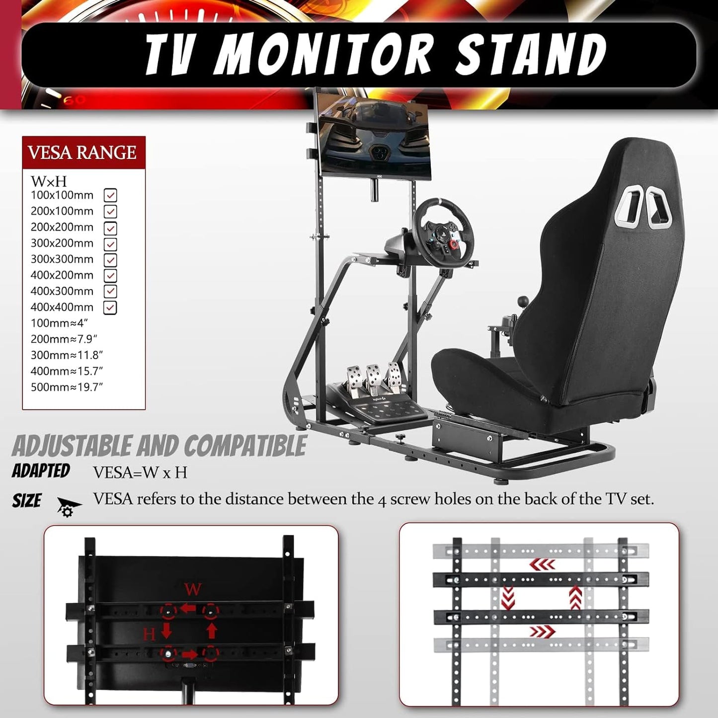 Supllueer G29 Racing Simulator Cockpit Stand with Seat & TV Stand Fit Logitech