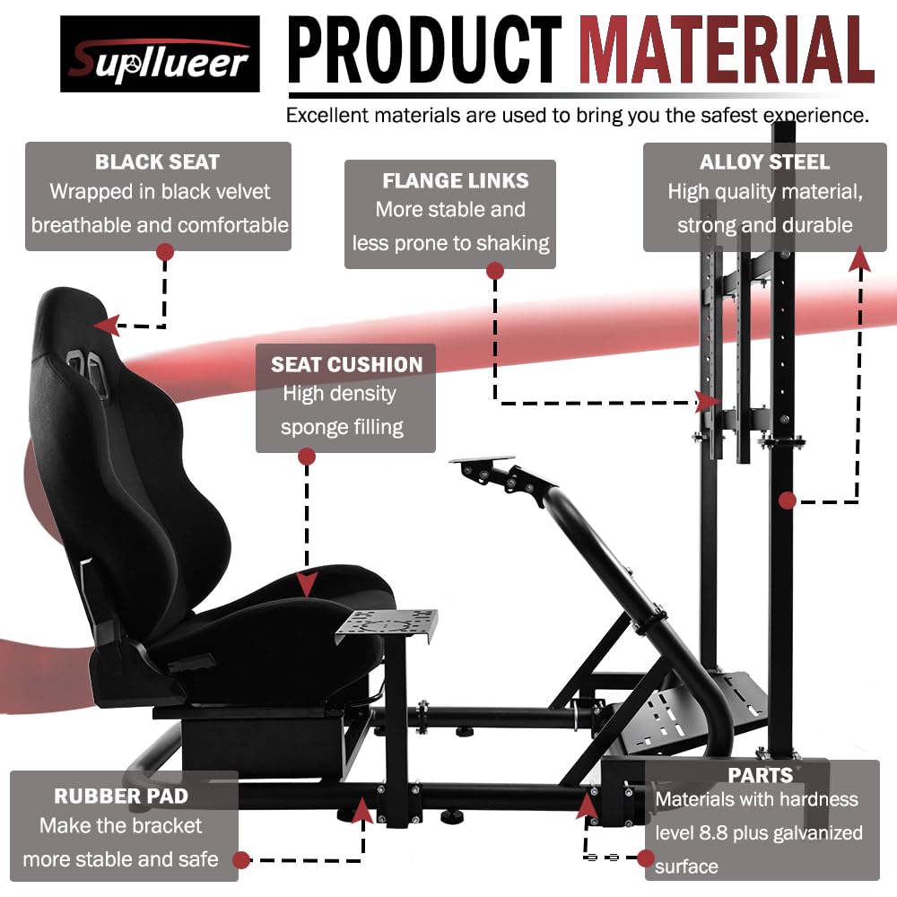 Supllueer Racing Sim Cockpit with Seat & Monitor Stand Fit Logitech G920 G923