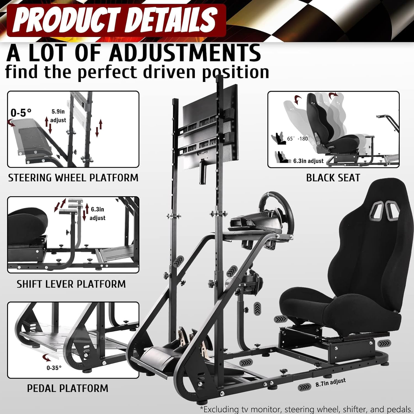 Supllueer G29 Racing Simulator Cockpit Stand with Seat & TV Stand Fit Logitech