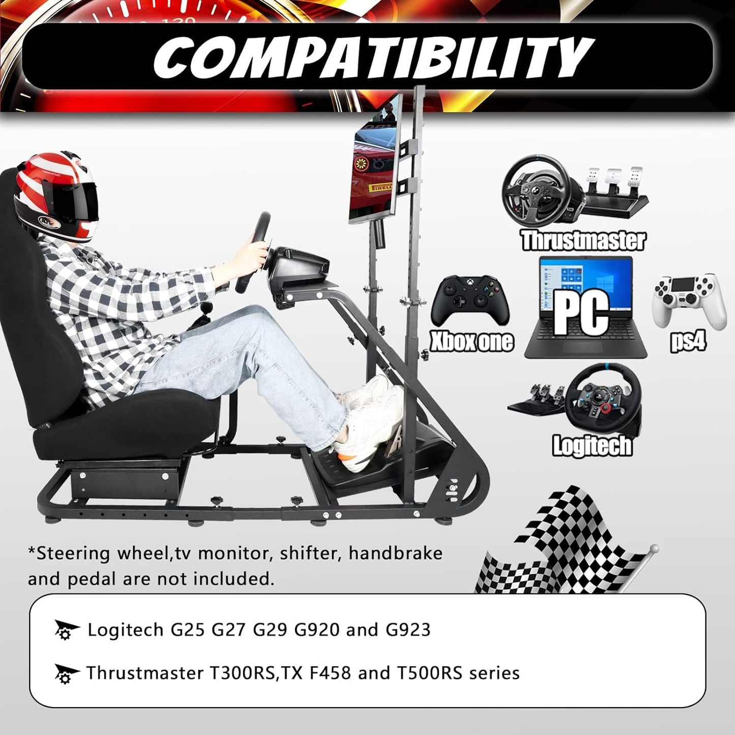 Supllueer G29 Racing Simulator Cockpit Stand with Seat & TV Stand Fit Logitech