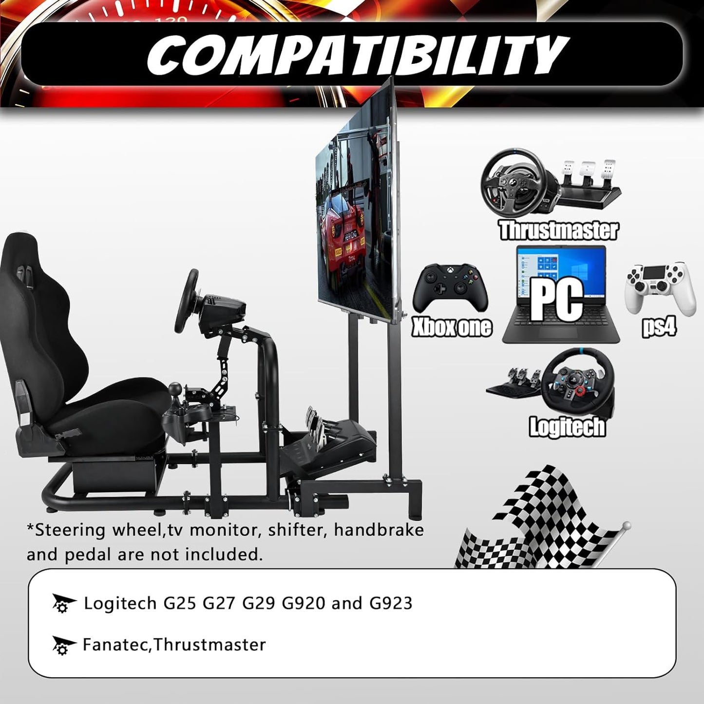 Supllueer Racing Simulator Cockpit with Seat and Monitor Mount Fit Logitech G920 G923