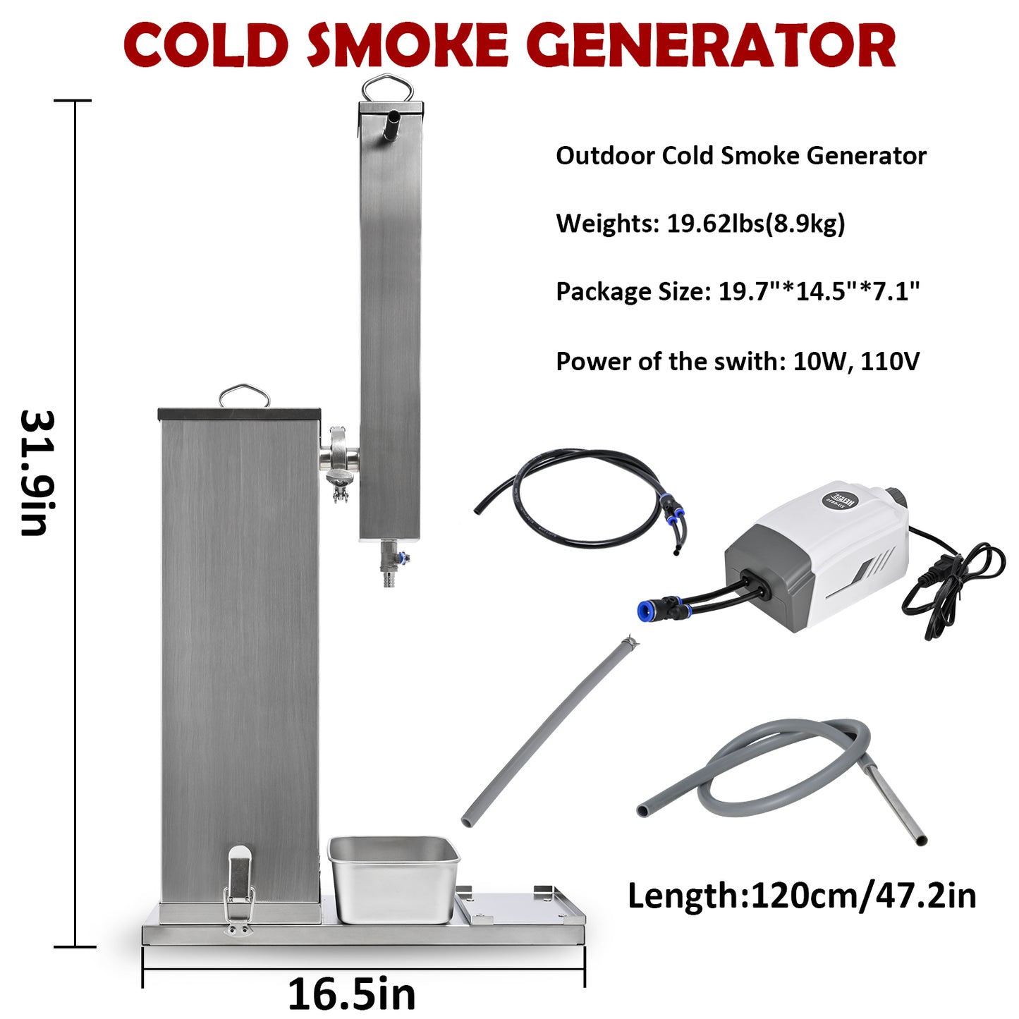 Supllueer Silver Electric Cold Smoke Generator, 10 Hour Long Smoking, Portable BBQ Smoker Accessory for Outdoor Grilling, Meat & Vegetables