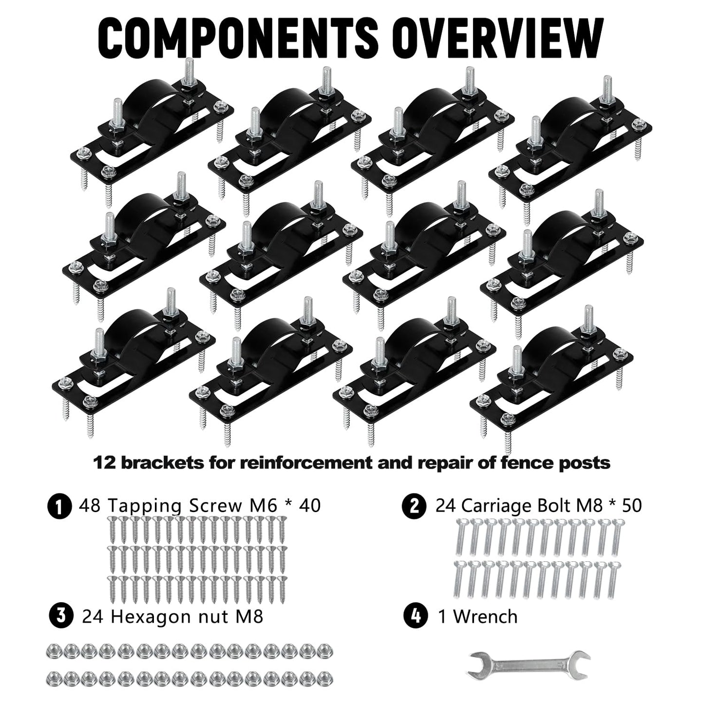 Supllueer 2-3/8" Fence Post Brackets (12 pcs) Galvanized Fence Post Bracket for 5.08 x 10.16 cm Wood/Metal/Electrochemical Paint Fence Brackets, Fence Post Repair, Includes All Parts