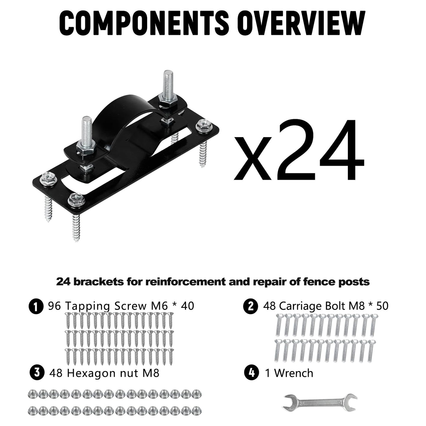 Supllueer 2-3/8" Fence Post Brackets (24 Pcs) Galvanized Fence Post Bracket for 5.08 x 10.16 cm Wood/Metal/Electrochemical Paint Fence Brackets, Fence Post Repair, Includes All Parts